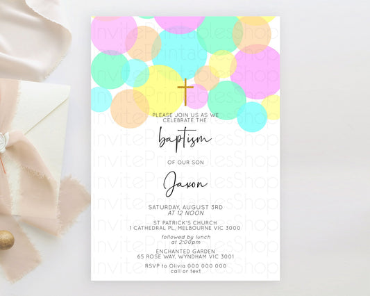 Pastel Baptism Invitation Pastel Confetti Baptism 1st Birthday Invitation Colorful Rainbow Confetti Bubbles Christening Invitation  D10409