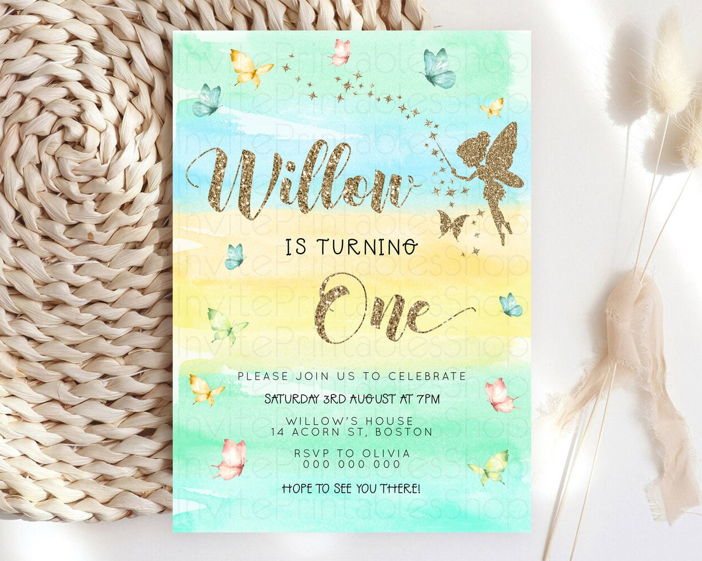 Pastel Fairy Birthday Invitation Pastel Butterflies Fairy Birthday Invitation Rainbow Ombre Watercolor 1st 2nd Birthday Invitation D23316