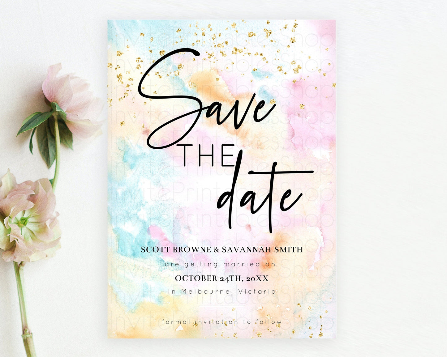 Pastel Save The Date Template Pastel Ombre Rainbow Watercolor Colorful Party For Birthday Baptism Baby Shower Wedding Bridal Shower D10548