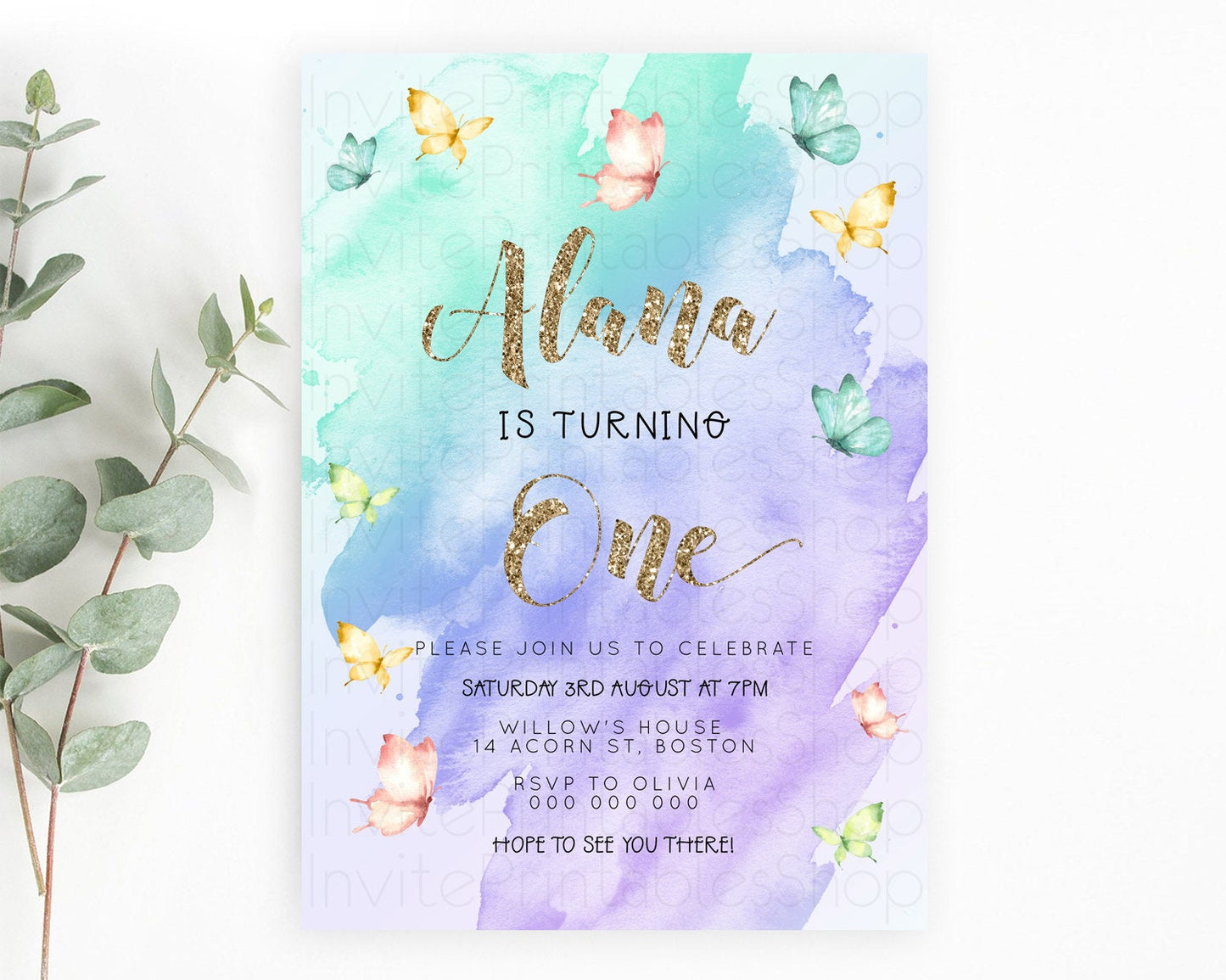 Pastel Butterfly Birthday Invitation Butterfly Birthday Invitation Colorful Splash Glitter Butterfly Garden 1st 2nd Birthday D23241