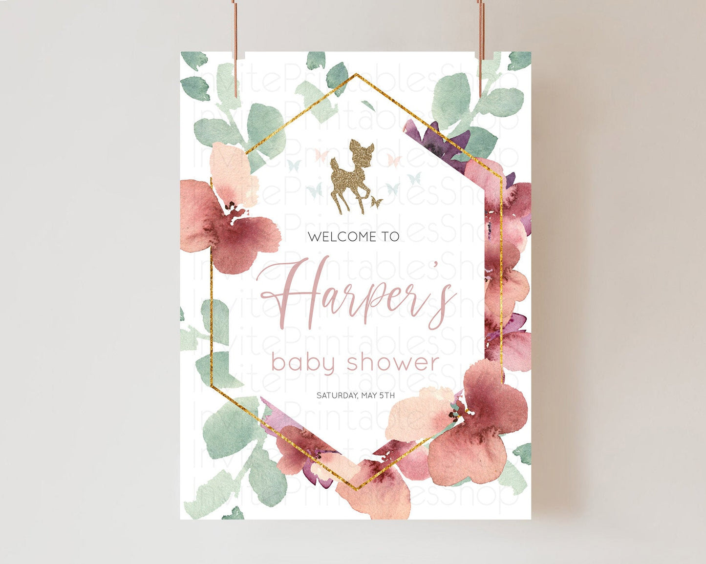 Fawn Baby Shower Welcome Sign Deer Welcome Board Floral Deer Welcome Poster Enchanted Forest Butterfly Pastel Floral Welcome Sign D10459