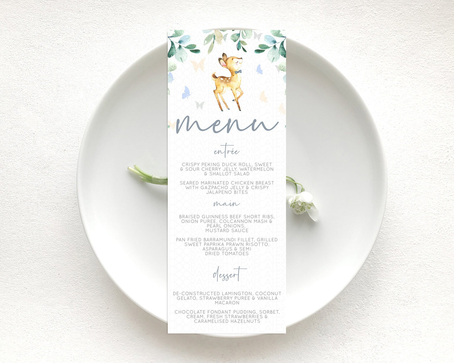 Fawn Menu Deer Menu Template Pastel Floral Deer Table Decor Enchanted Forest Butterfly Floral Dinner Dessert Menu Party Food Menu D10767