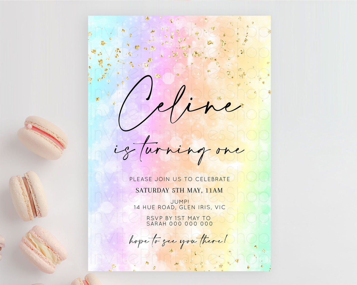 Rainbow Birthday Invitation Colorful Pastel Watercolor Invitation Gold Glitter Sprinkles Ombre Pastel 1st 2nd 3rd Birthday D10647