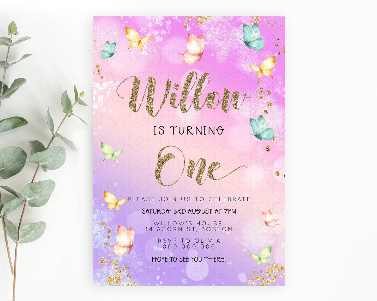 Pastel Butterfly Birthday Invitation Butterfly Birthday Invitation Colorful Splash Glitter Butterfly Garden 1st 2nd Birthday D23092