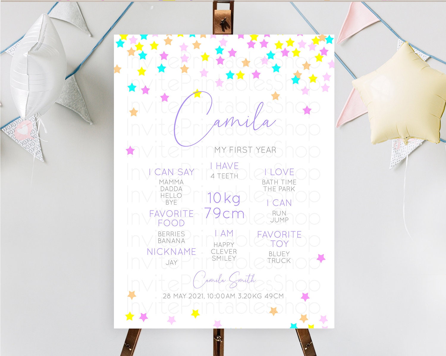 Editable Star First Birthday Milestone Poster Pastel Stars Milestone Shootin