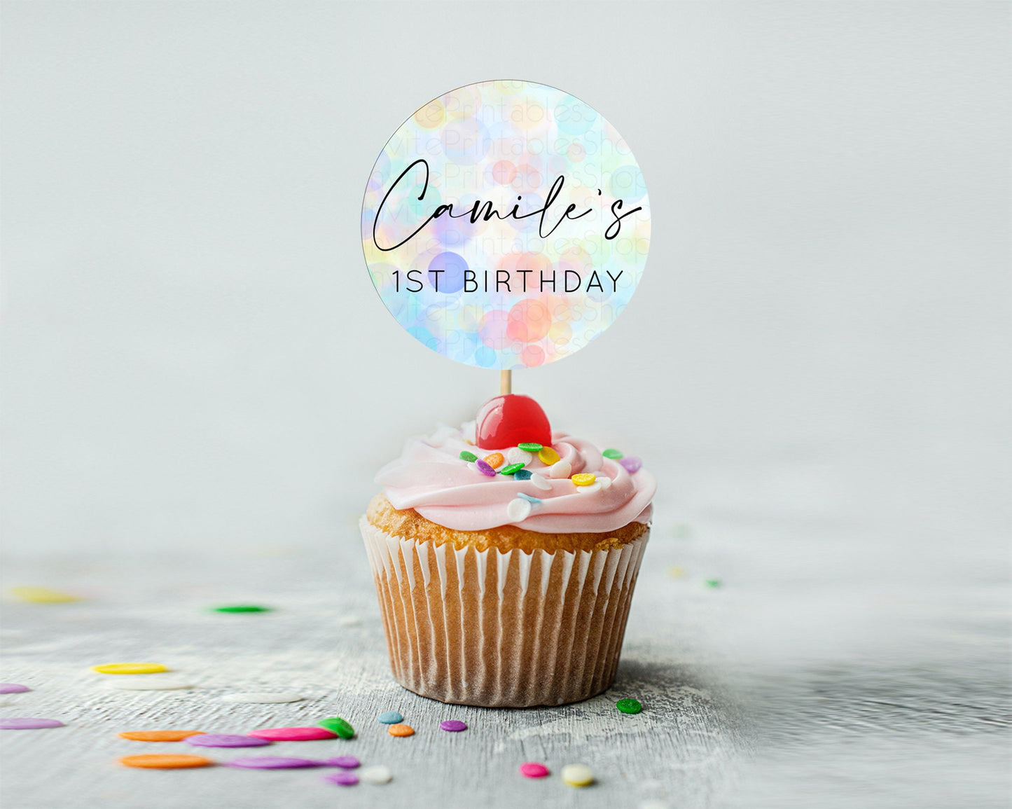 Pastel Cupcake Toppers Pastel Confetti Cupcake Topper Bubbles Sprinkles Colorful Rainbow Confetti Cupcake First Birthday Party Décor D10446