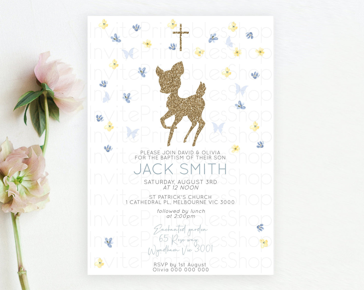 Fawn Baptism Invitation Deer Baptism 1st Birthday Invitation Enchanted Forest Christening Invitation Pastel Garden Butterfly Floral D10864