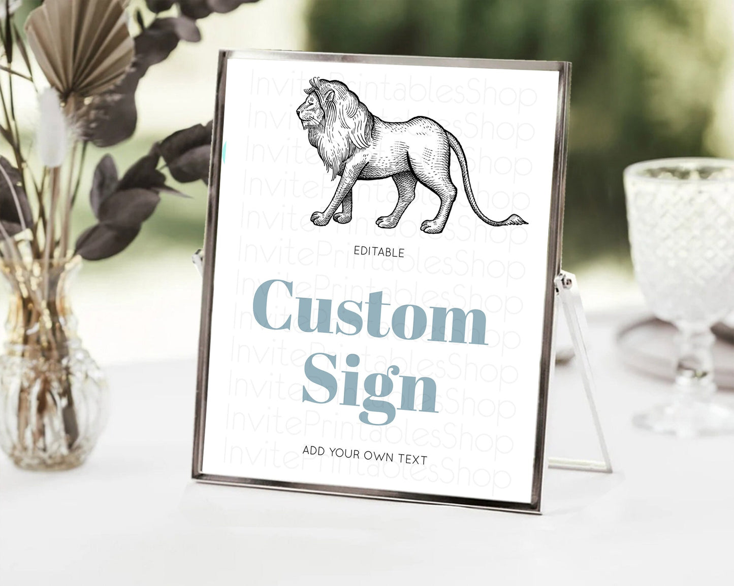 Lion Table Sign Decor Lion Safari Adventure Party Dried Palm Ferns Zoo 1st Birthday Baptism Baby Shower Bridal Shower Wedding D10246