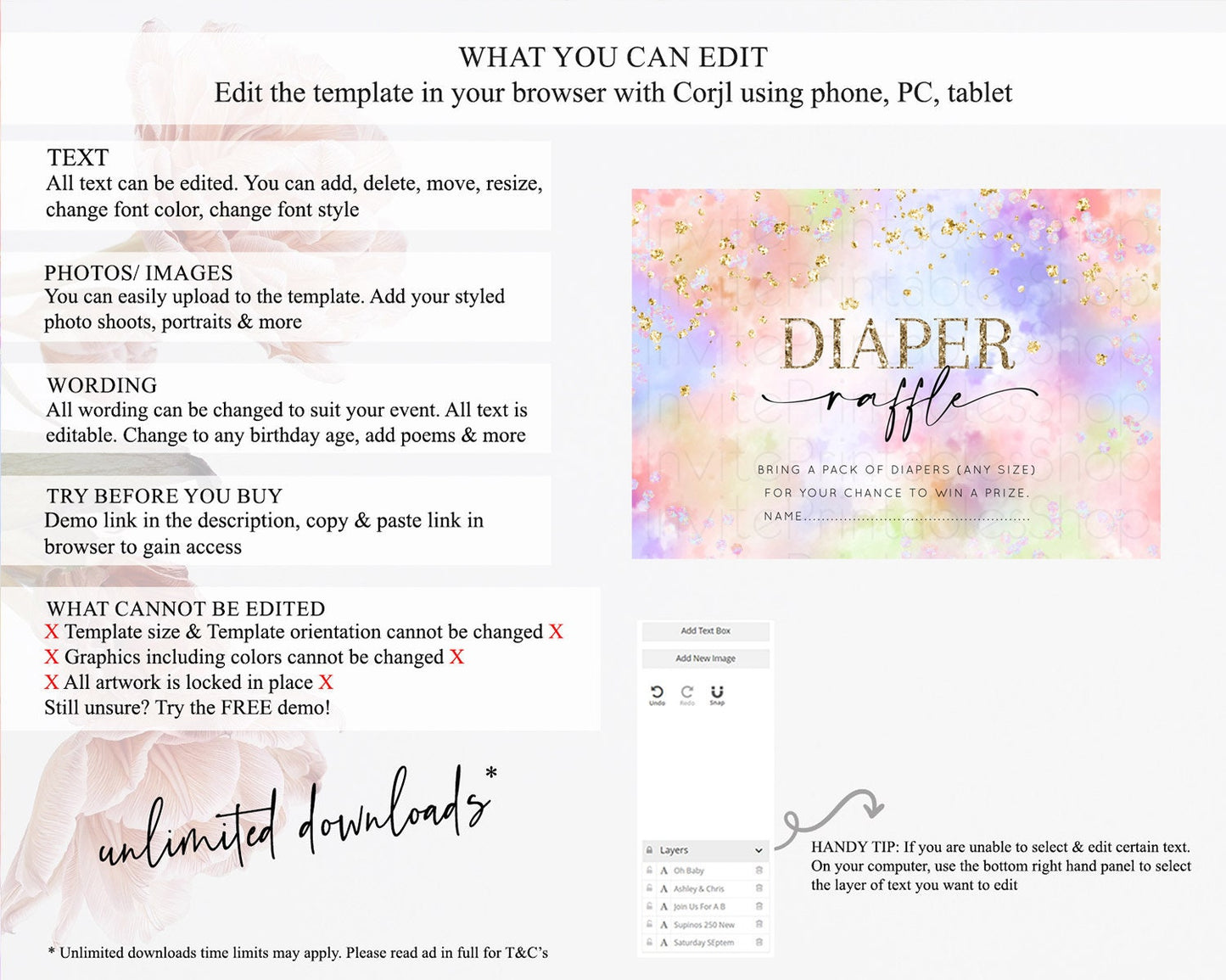 Pastel Diaper Raffle Card Pastel Rainbow Diaper Raffle Insert Colorful Ombre Watercolor Diaper Ticket Confetti Glitter Raffle Game D10610