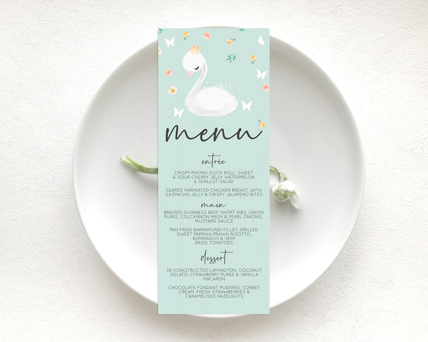 Swan Menu Swan Princess Ballet Menu Template Enchanted Swan Lake Table Decor Secret Garden Pastel Floral Dinner Dessert Food Menu D10905