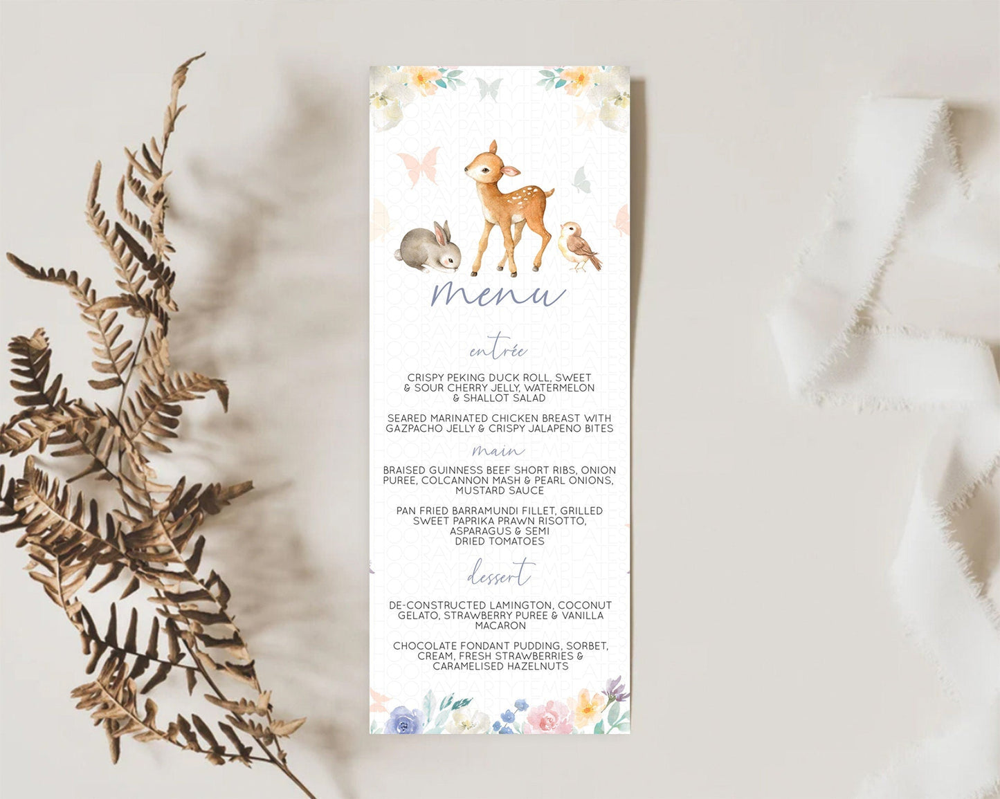 Fawn Menu Deer Menu Template Pastel Floral Deer Table Decor Enchanted Forest Butterfly Floral Dinner Dessert Menu Party Food Menu D10930