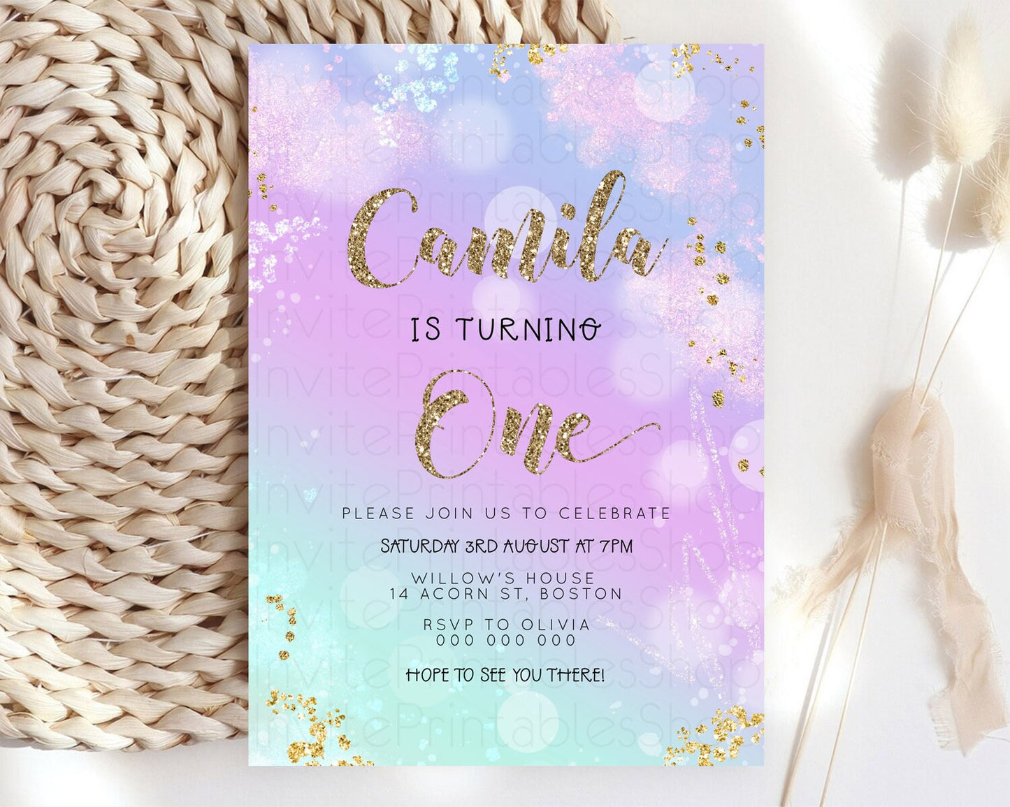 Rainbow Birthday Invitation Colorful Pastel Watercolor Invitation Gold Glitter Sprinkles Ombre Pastel 1st 2nd 3rd Birthday D23127