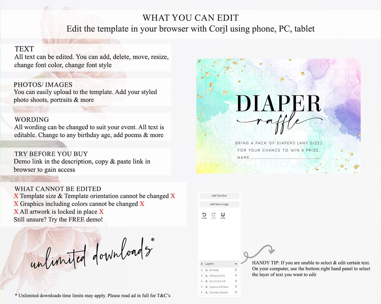 Pastel Diaper Raffle Card Pastel Rainbow Diaper Raffle Insert Colorful Ombre Watercolor Diaper Ticket Confetti Glitter Raffle Game D10157