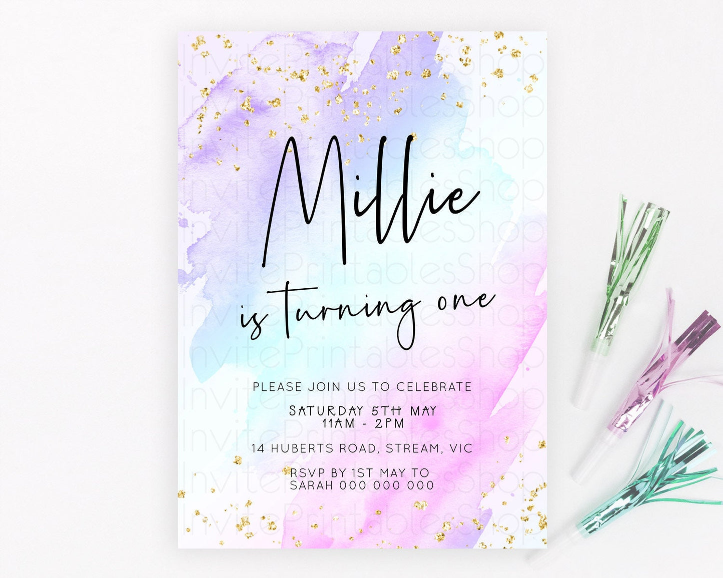 Pastel Birthday Invitation Ombre Watercolor Birthday Invitation Glitter Rainbow Color Splash 1st 2nd 3rd Birthday Invitation D23052