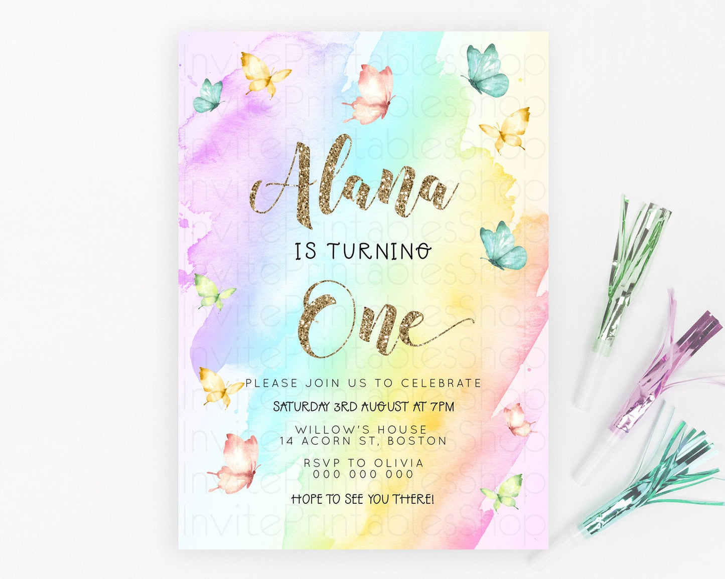 Pastel Butterfly Birthday Invitation Butterfly Birthday Invitation Colorful Splash Glitter Butterfly Garden 1st 2nd Birthday D23239