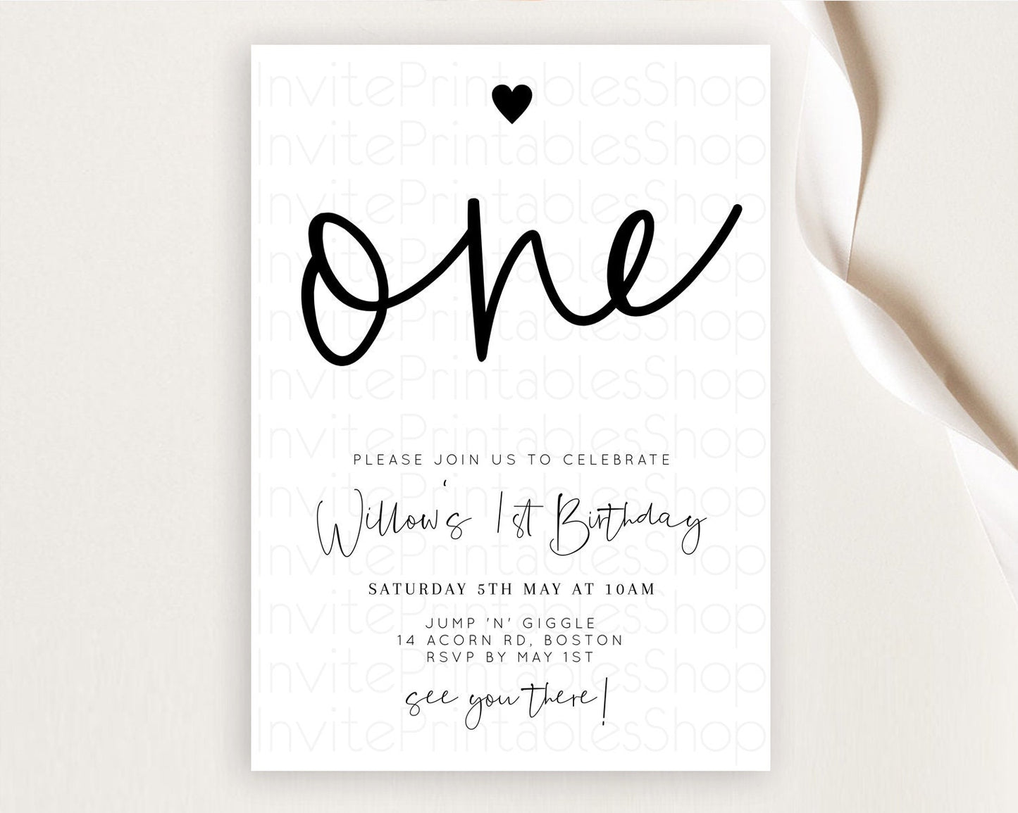 Minimalist Birthday Invitation White Black Invitation Minimalist Pastel Invitation Plain Invites Modern Simple 1st First  Birthday D11013