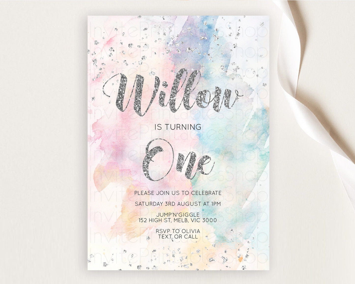 Rainbow Birthday Invitation Colorful Pastel Watercolor Silver Glitter Sprinkles Ombre Pastel Invitation 1st 2nd 3rd First Birthday D10944