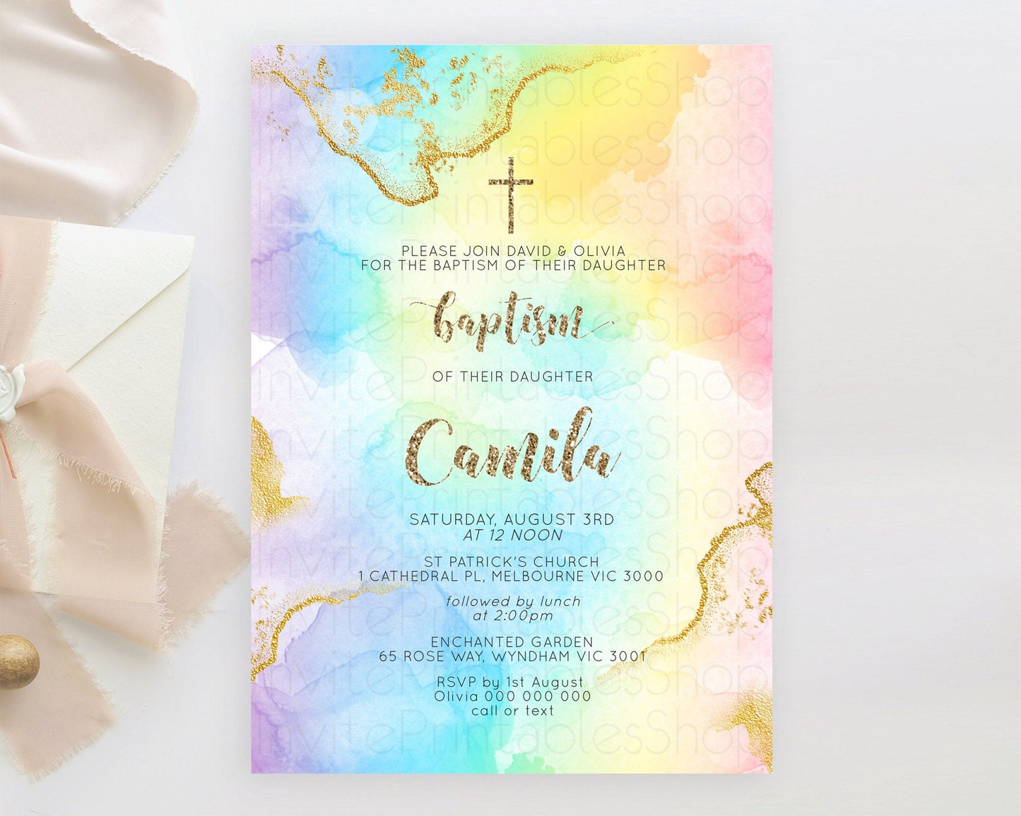 Pastel Baptism Invitation Pastel Colors Watercolor Baptism 1st Birthday Party Gold Ombre Pastel Rainbow Christening Holy Communion D10589