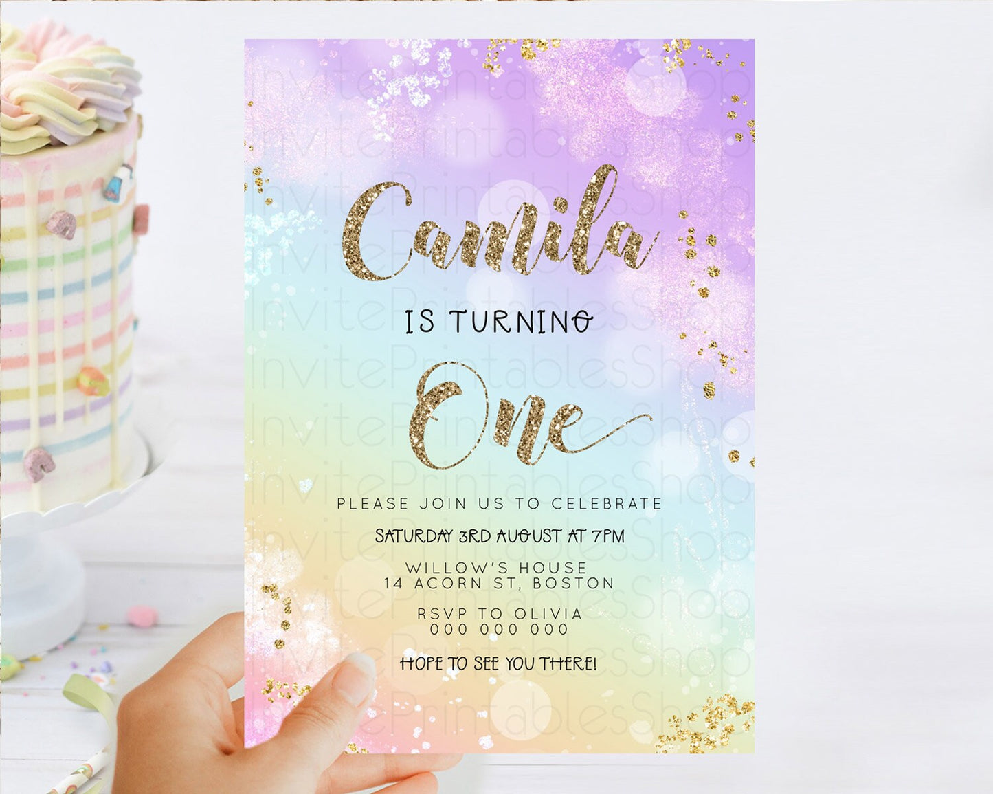 Rainbow Birthday Invitation Colorful Pastel Watercolor Invitation Gold Glitter Sprinkles Ombre Pastel 1st 2nd 3rd Birthday D23125