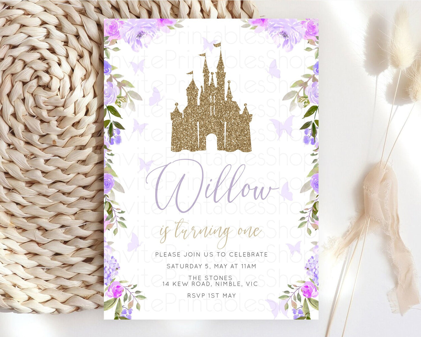 Princess Birthday Invitation Castle Invitation Royal Birthday Fairy Tale Enchanted Castle Pastel Floral Garden 1st First Birthday D10933