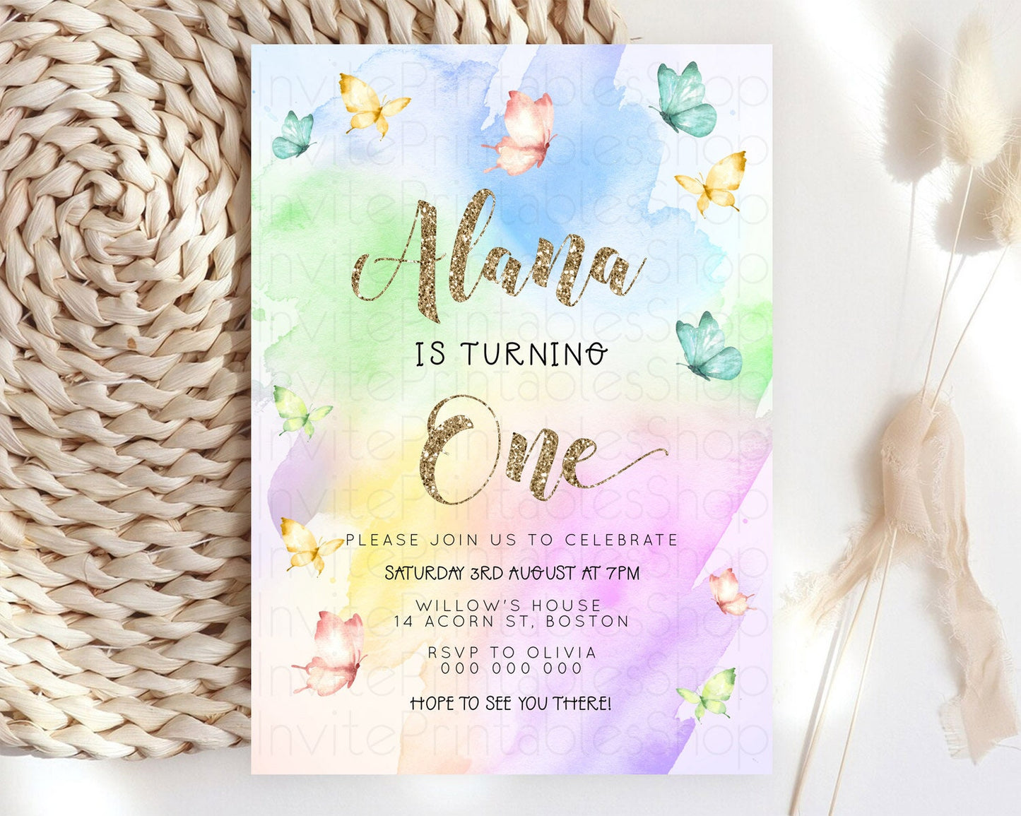 Pastel Butterfly Birthday Invitation Butterfly Birthday Invitation Colorful Splash Glitter Butterfly Garden 1st 2nd Birthday D23257