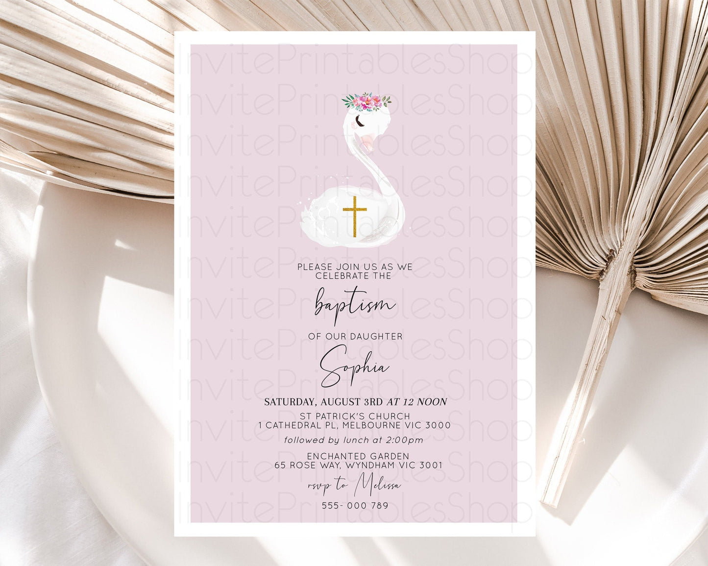Swan Lake Baptism Invitation Swan Princess Ballet Baptism 1st Birthday Enchanted Forest Secret Garden Watercolour Pastel Floral D10758