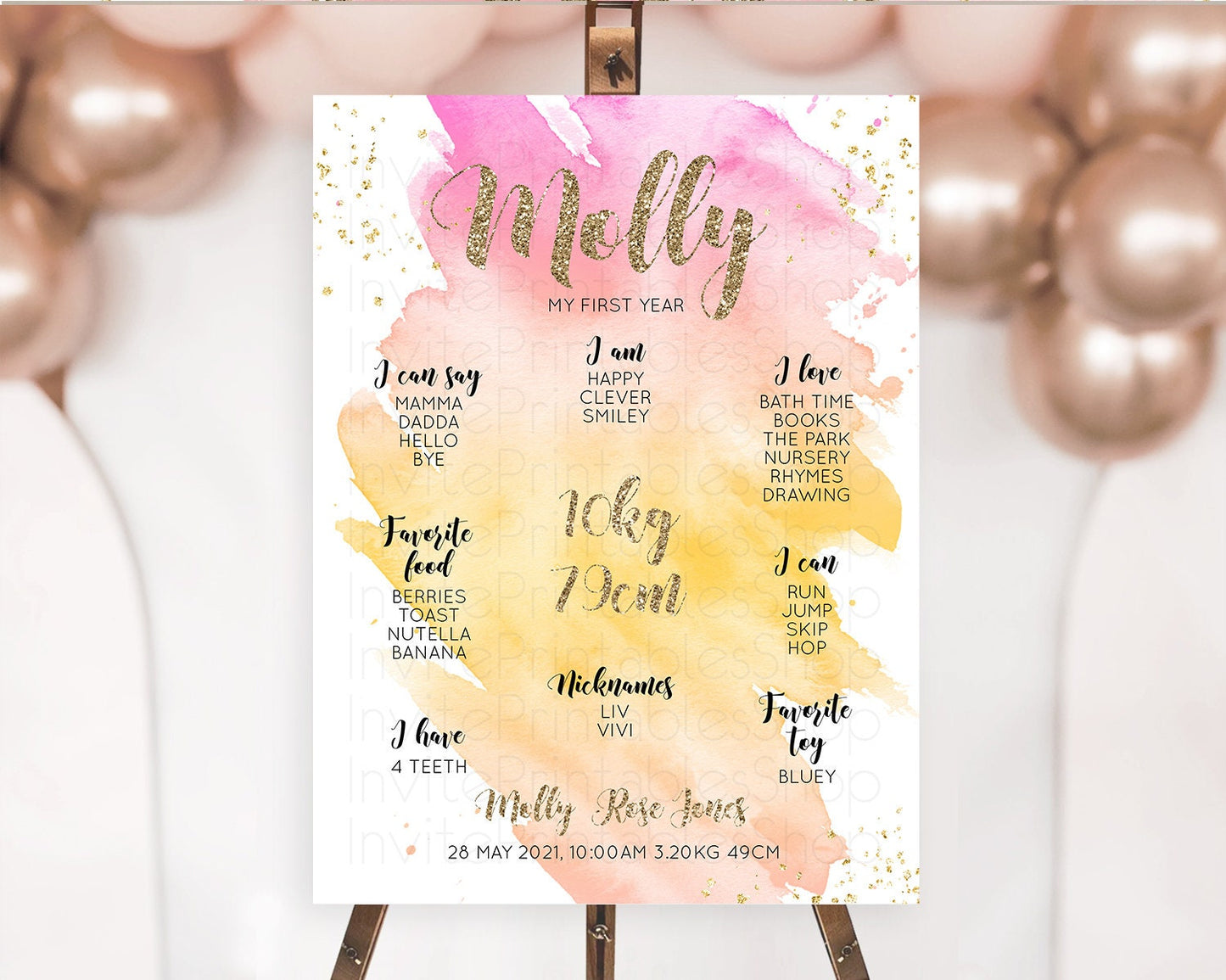 Pastel First Birthday Milestone Board Pastel Rainbow Milestone Poster Colorful Confetti Watercolor Glitter 1st Birthday Welcome Sign D10526