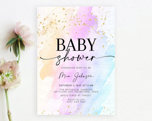 Pastel Baby Shower Invitation Rainbow Baby Shower Invitation Colorful Pastel Watercolor Invitation Gold Glitter Sprinkles Ombre D10175