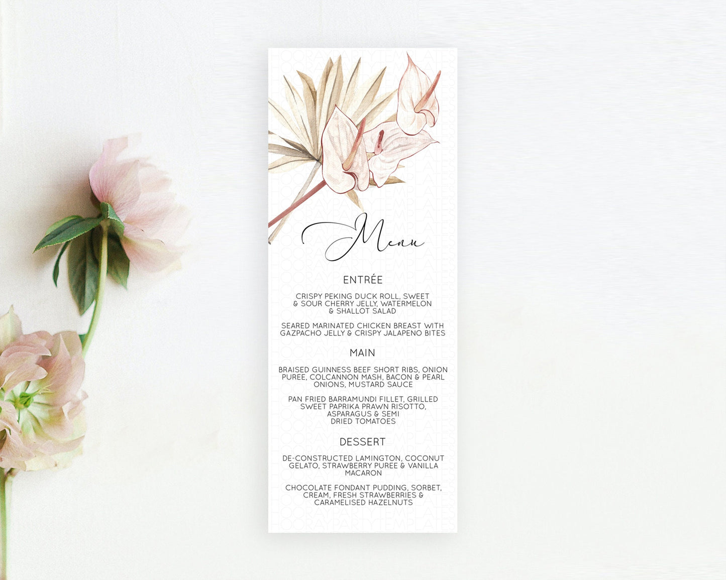 Tropical Menu Template Tropical Menu Palm Leaf Fern Table Decor Frangipani Floral White Orchid Dinner Dessert Menu Party Food Menu D11039