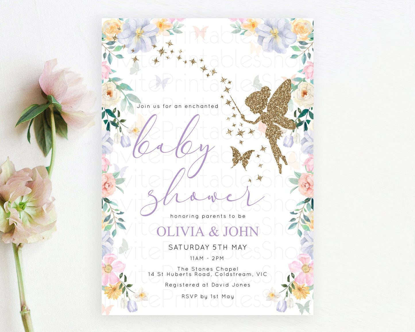 Fairy Baby Shower Invitation Pastel Fairy Invites Fairy Tea Party Fairy Garden Theme Secret Garden Enchanted Garden Floral Butterfly D10474