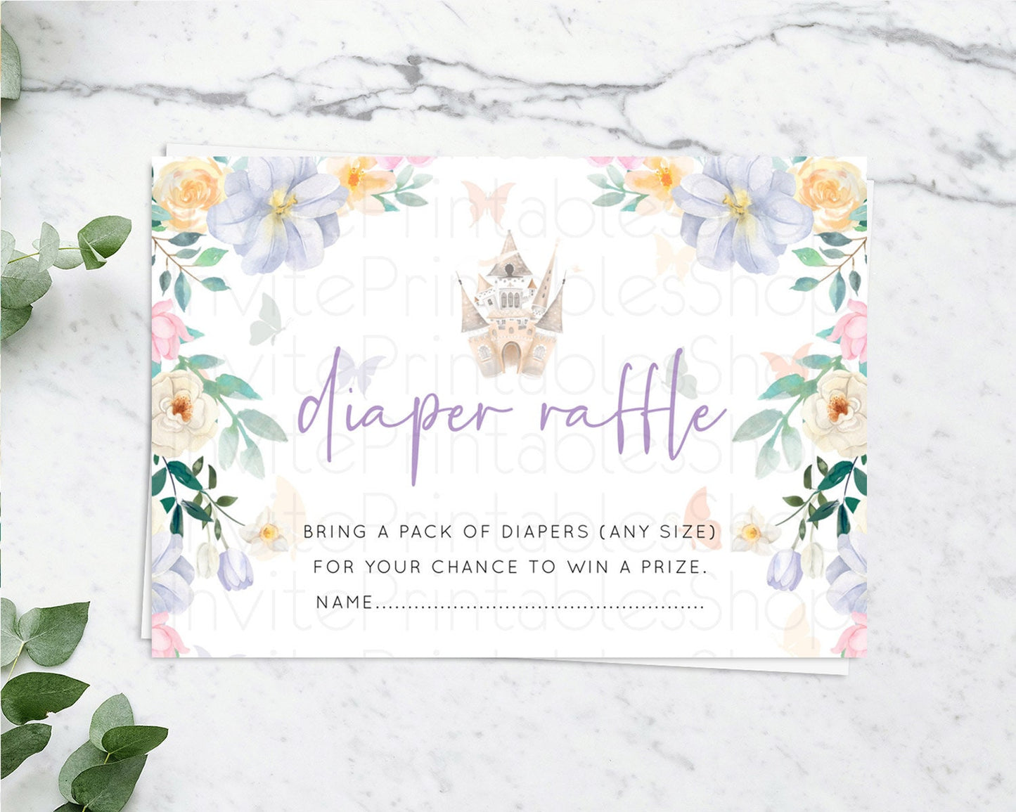 Princess Diaper Raffle Card Castle Diaper Ticket Insert Secret Garden Enchanted Castle Pastel Floral Garden Baby Shower Poem Request D10473