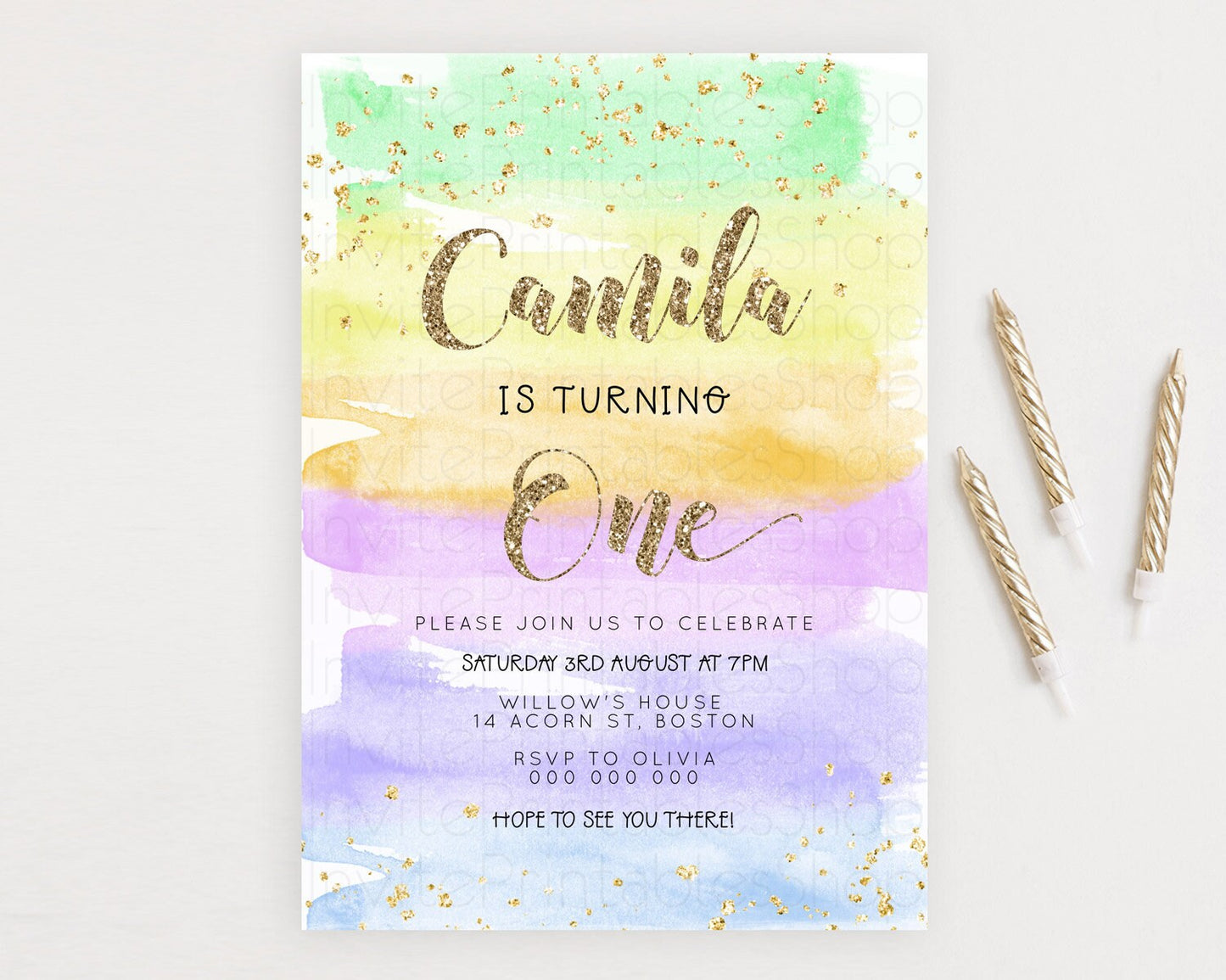 Rainbow Birthday Invitation Colorful Pastel Watercolor Invitation Gold Glitter Sprinkles Ombre Pastel 1st 2nd 3rd Birthday D23275