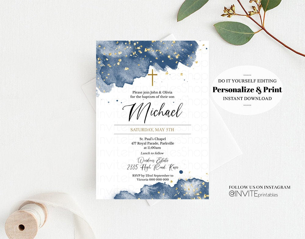 Navy Blue Gold Watercolor Baptism Invitation Pastel Navy Splash Christening Invitation Glitter Sprinkles Invite Cross Holy Communion