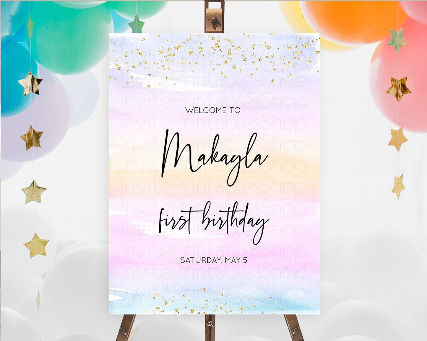 Pastel Welcome Sign Pastel Rainbow Welcome Sign Colorful Rainbow Confetti Watercolor Glitter Pastel First Birthday Welcome Sign D10594