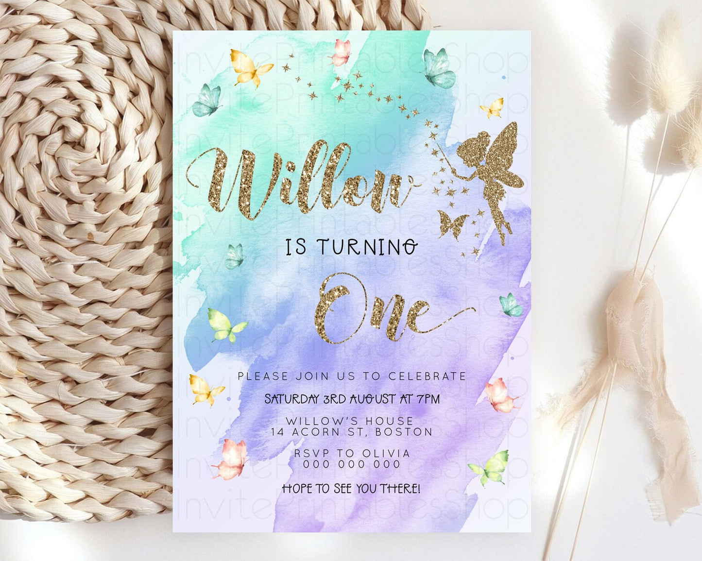 Pastel Fairy Birthday Invitation Pastel Butterflies Fairy Birthday Invitation Rainbow Ombre Watercolor 1st 2nd Birthday Invitation D23335