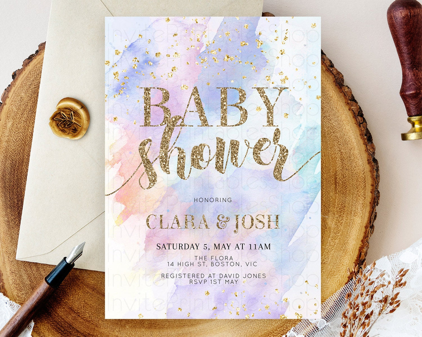 Pastel Baby Shower Invitation Rainbow Baby Shower Invitation Colorful Pastel Watercolor Invitation Gold Glitter Sprinkles Ombre D10583