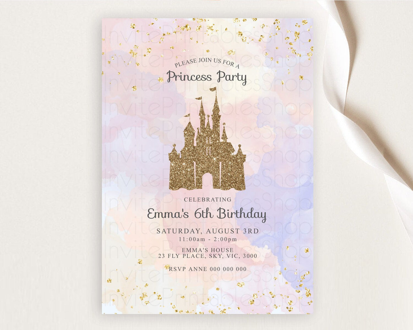 Princess Birthday Invitation Princess Invitation Pastel Invitation Royal Birthday Rainbow Color Enchanted Castle 1st First Birthday D10161