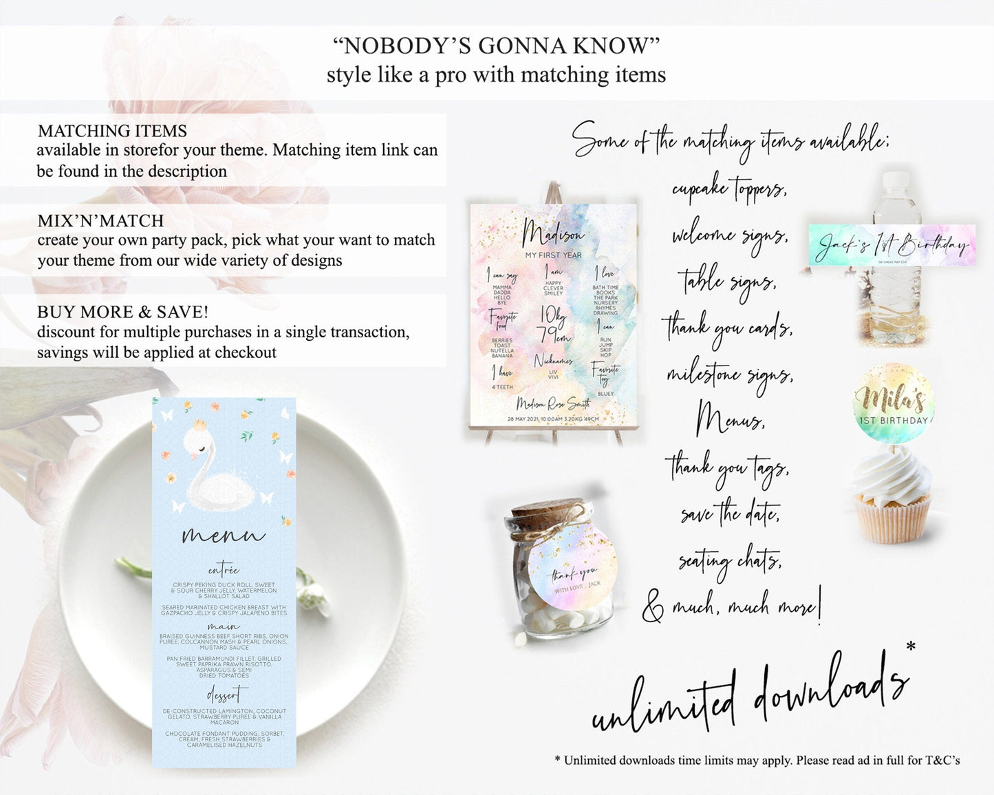 Swan Menu Swan Princess Ballet Menu Template Enchanted Swan Lake Table Decor Secret Garden Pastel Floral Dinner Dessert Food Menu D10903
