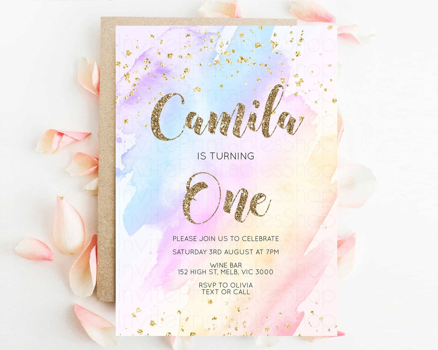 Rainbow Birthday Invitation Glitter Pastel Invitation Colorful Watercolor Gold Foil Splatter Sprinkle Ombre 1st 2nd 3rd Birthday Invite g600