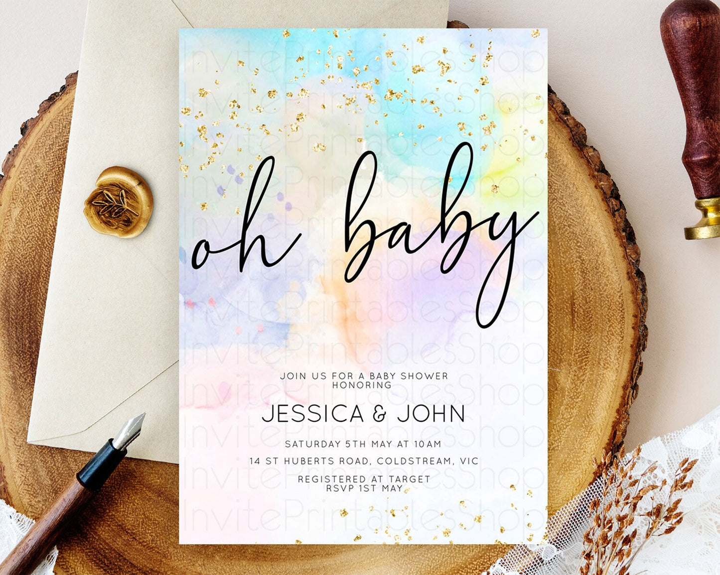 Pastel Baby Shower Invitation Rainbow Baby Shower Invitation Colorful Pastel Watercolor Invitation Gold Glitter Sprinkles Ombre D10769