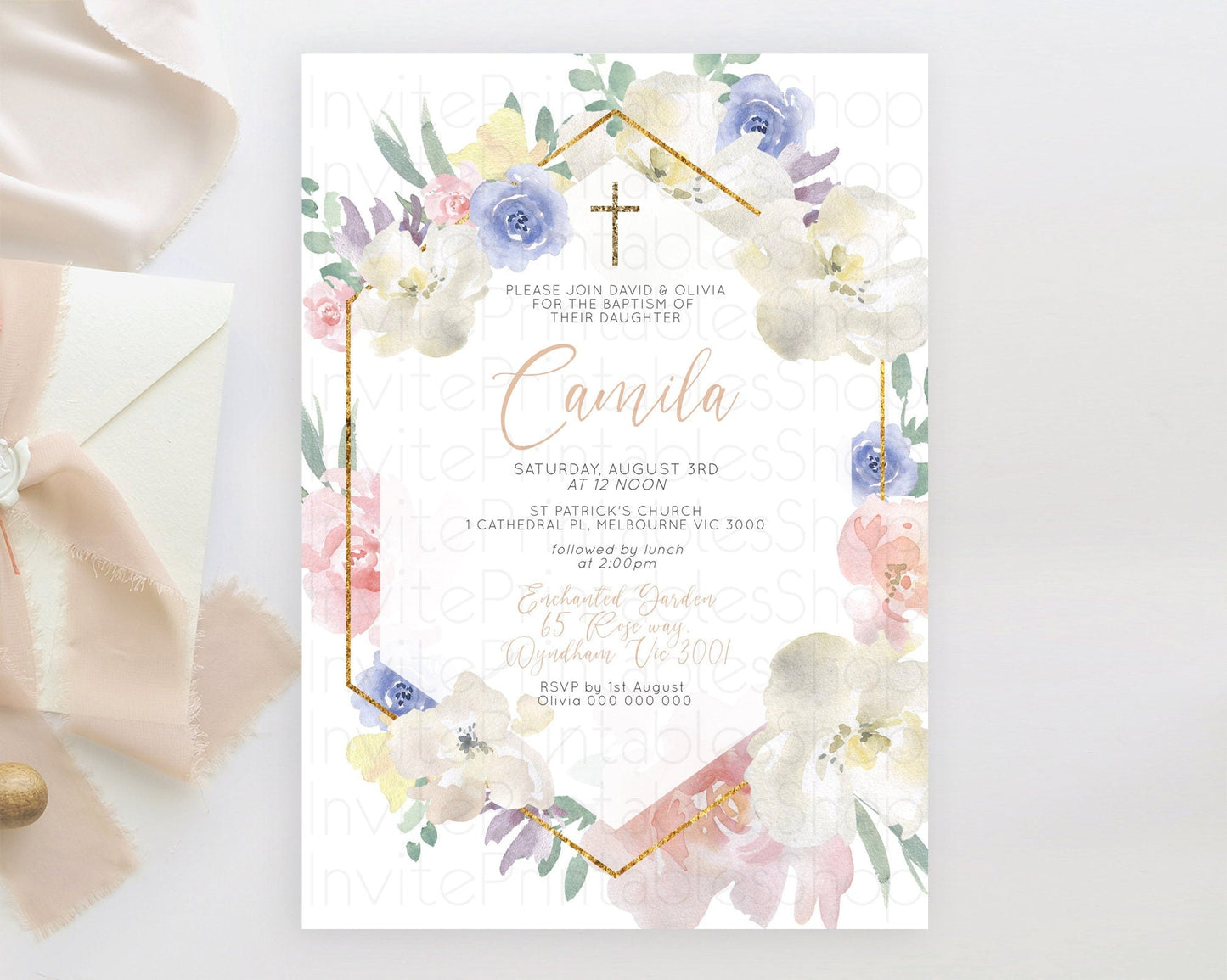 Secret Garden Baptism Invitation Wildflower Baptism Birthday Invite Pastel Flowers Christening Invite Enchanted Garden Boho Floral D10254