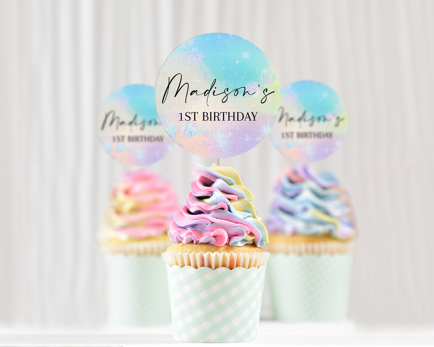 Editable Rainbow Cupcake Toppers Pastel Cupcake Toppers Iridescent Sprinkles