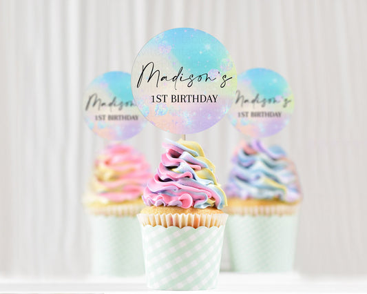 Editable Rainbow Cupcake Toppers Pastel Cupcake Toppers Iridescent Sprinkles