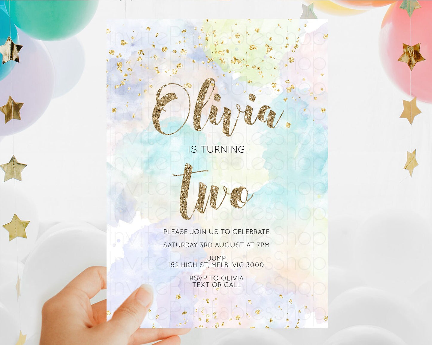 Rainbow Birthday Invitation Colorful Pastel Watercolor Invitation Gold Glitter Sprinkles Ombre Pastel 1st 2nd 3rd Birthday D10614