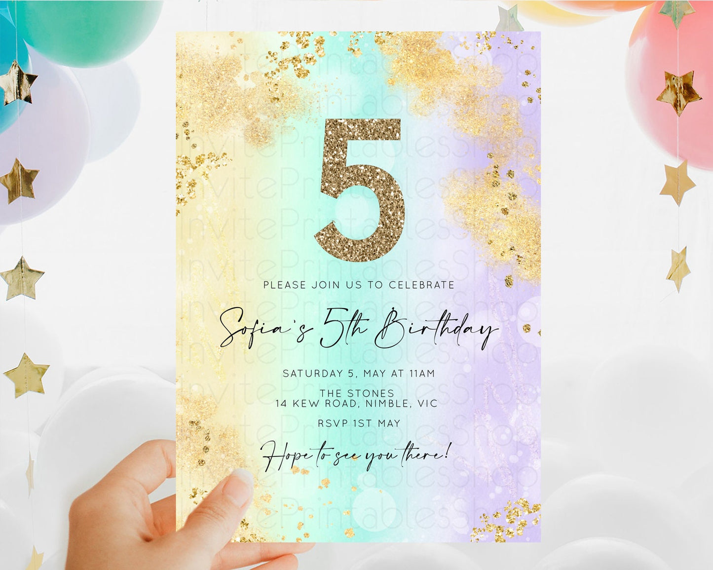 Rainbow Birthday Invitation Colorful Pastel Watercolor Invitation Gold Glitter Sprinkles Ombre Pastel 1st 2nd 3rd Birthday D10672