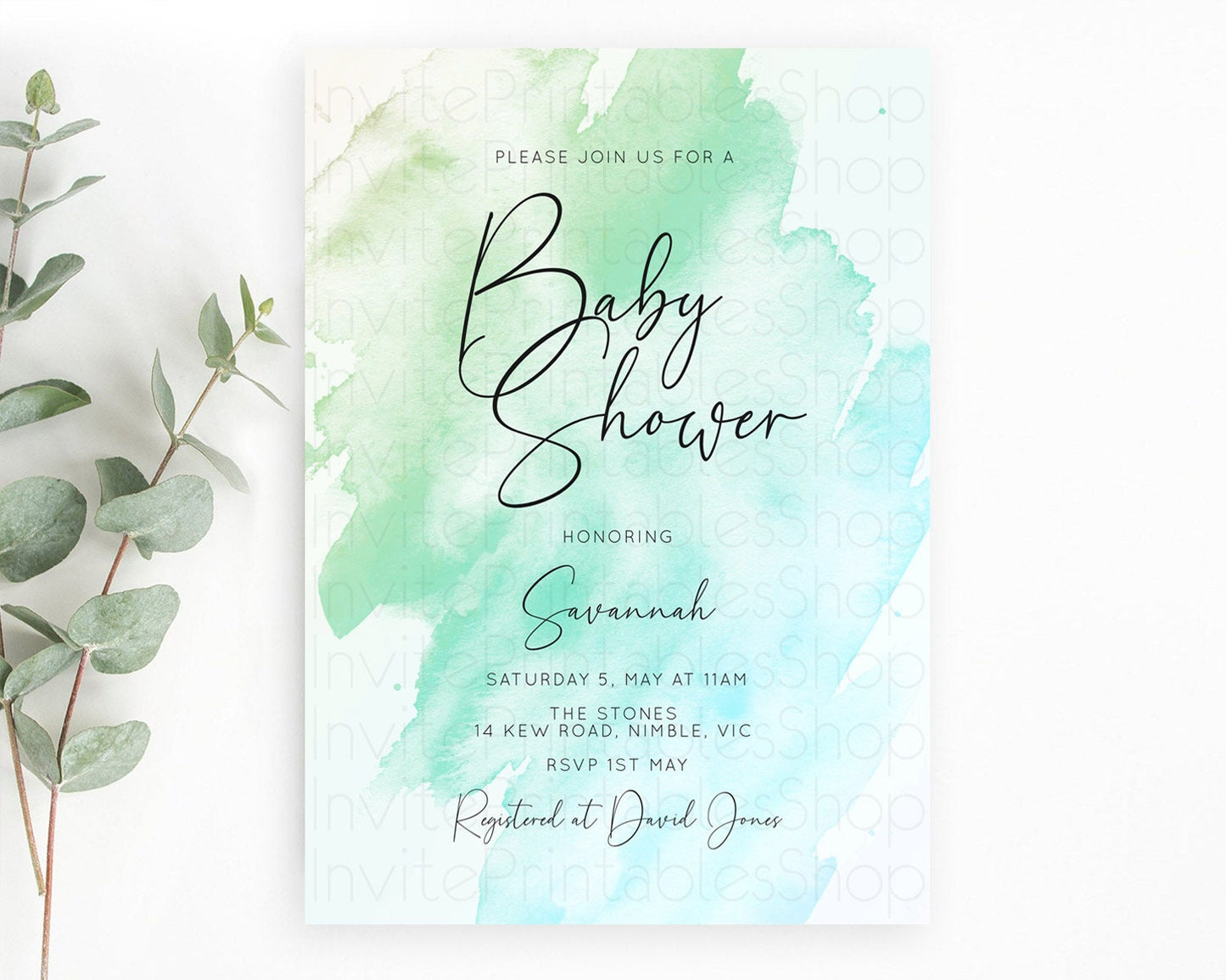Green Baby Shower Invitation Green Watercolor Baby Shower Invitation Pastel Green Watercolor Invitation Green Splash Gold Invitation D10166