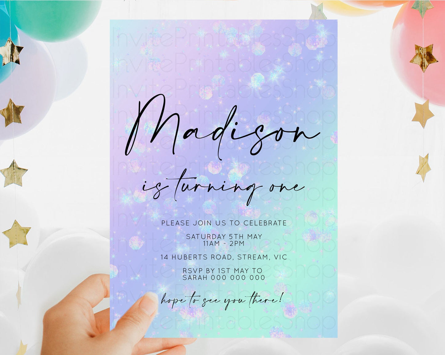 Rainbow Birthday Invitation Colorful Pastel Watercolor Iridescent Glitter Sprinkles Ombre Pastel Invitation 1st 2nd First Birthday D10663