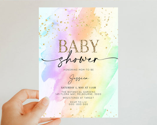 Editable Rainbow Baby Shower Invitation Pastel Baby Shower Invitation Waterc