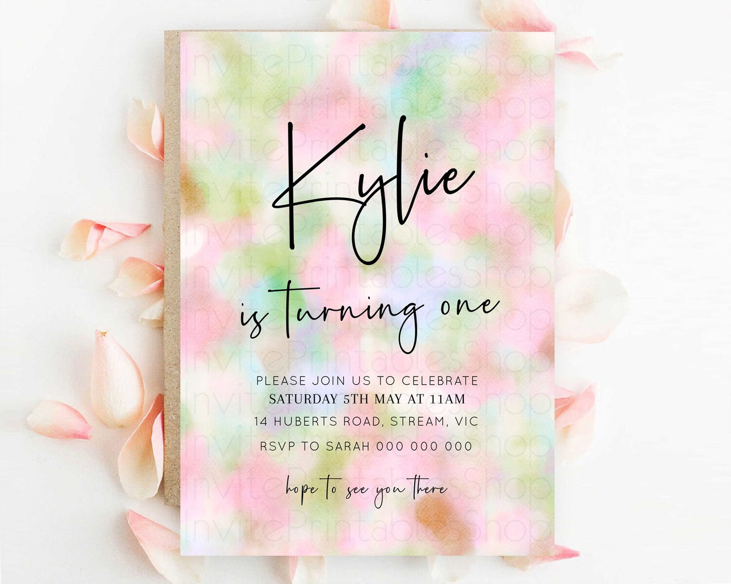 Rainbow Birthday Invitation Colorful Pastel Watercolor Invitation Gold Glitter Sprinkles Ombre Pastel 1st 2nd 3rd Birthday D10698