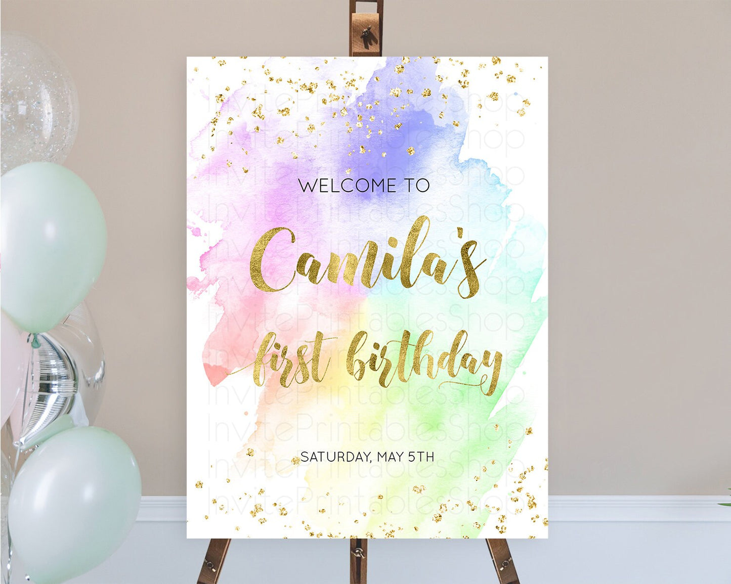 Pastel Welcome Sign Pastel Rainbow Welcome Sign Colorful Rainbow Confetti Watercolor Glitter Pastel First Birthday Welcome Sign D10876